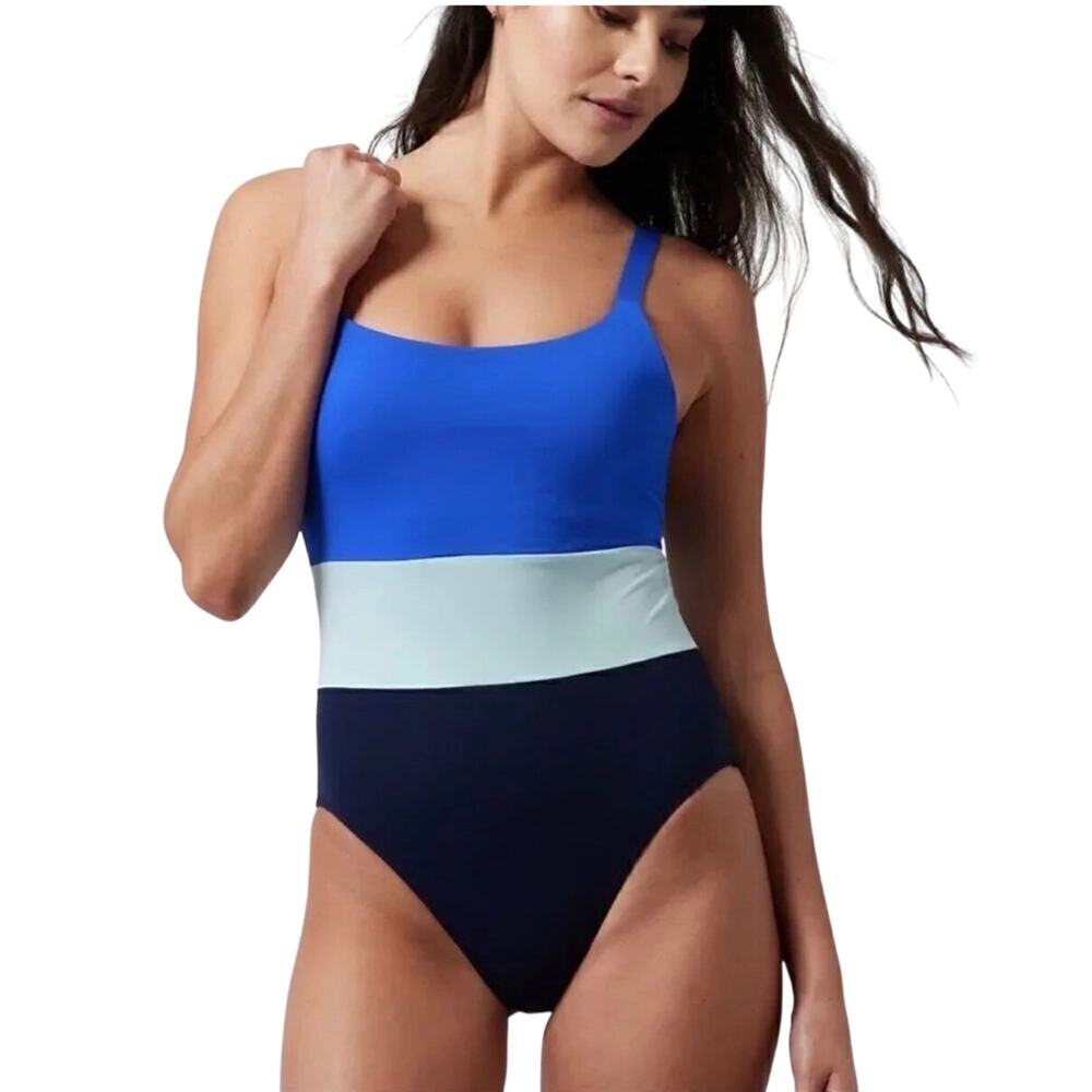 Athleta Coastline one-piece swimsuit, blues colorblock, adjustable, Size XL